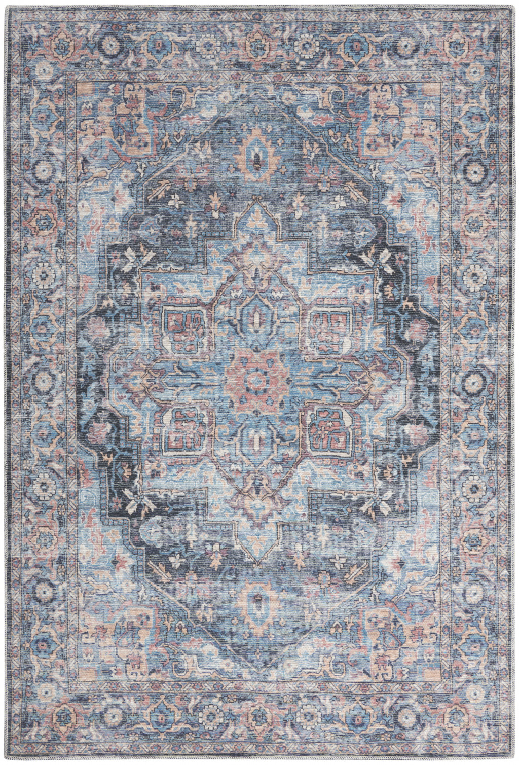 4 X 6 Light Blue Oriental Power Loom Distressed Washable Area Rug