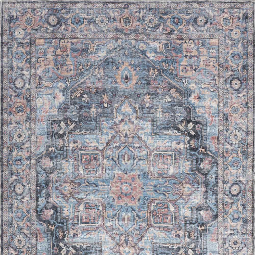 4" X 6" Light Blue Oriental Power Loom Distressed Washable Area Rug
