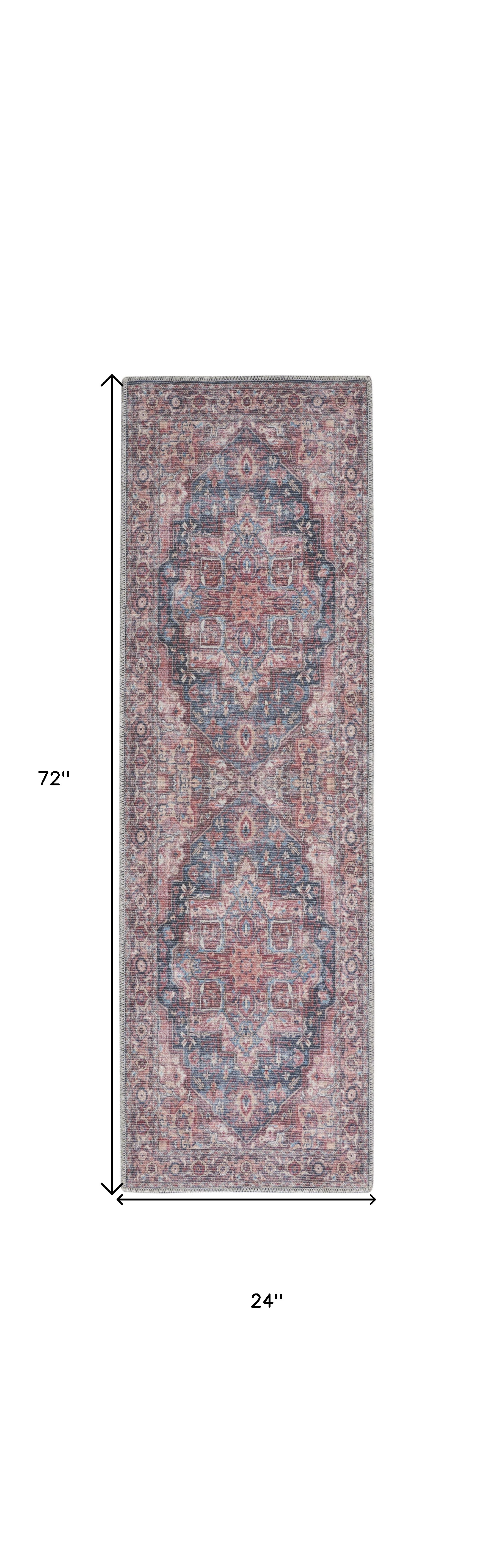 2" X 6" Red Oriental Power Loom Distressed Washable Runner Rug