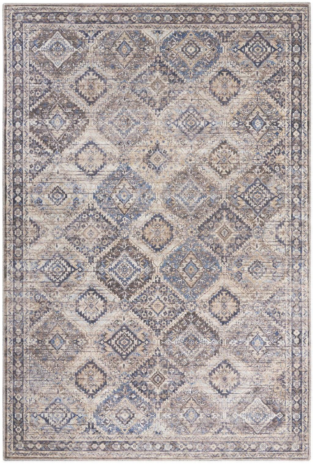 4" X 6" Ivory Latte Oriental Power Loom Distressed Washable Area Rug