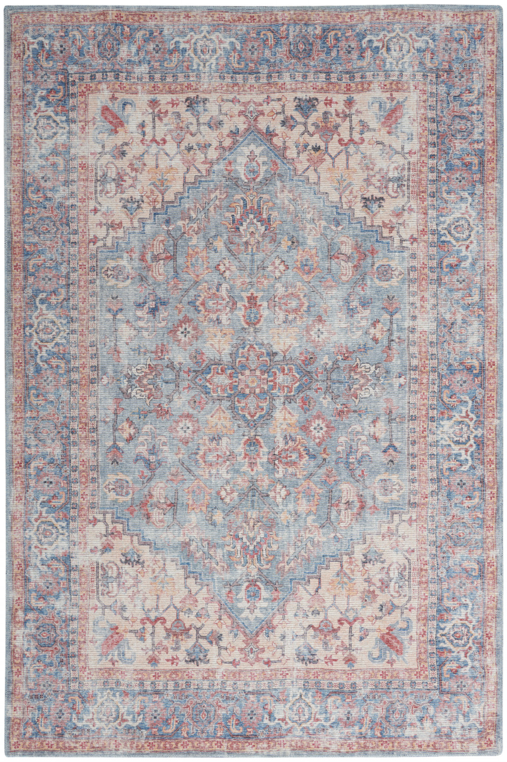 5" X 7" Blue Oriental Power Loom Distressed Washable Area Rug
