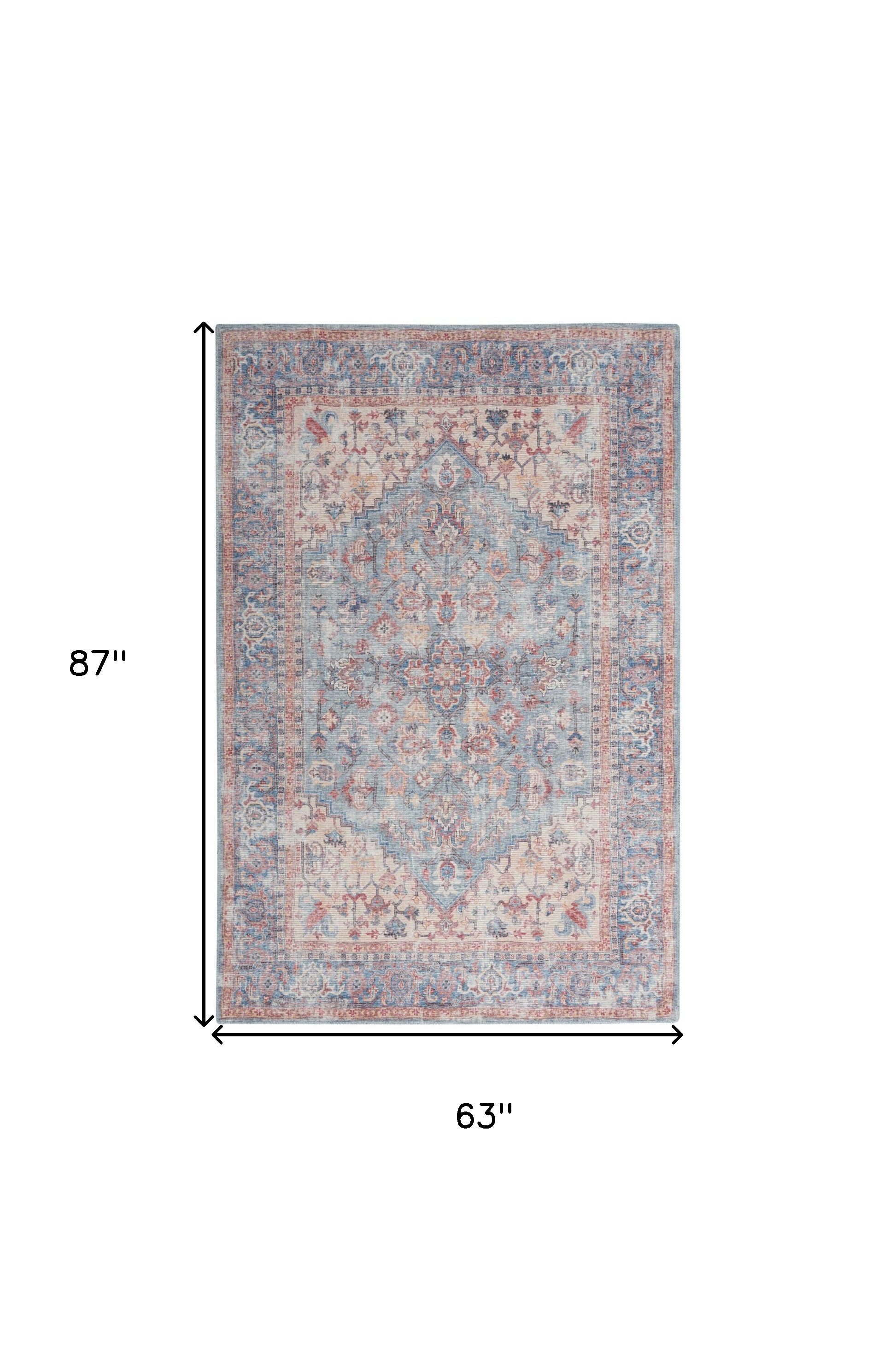 5" X 7" Blue Oriental Power Loom Distressed Washable Area Rug