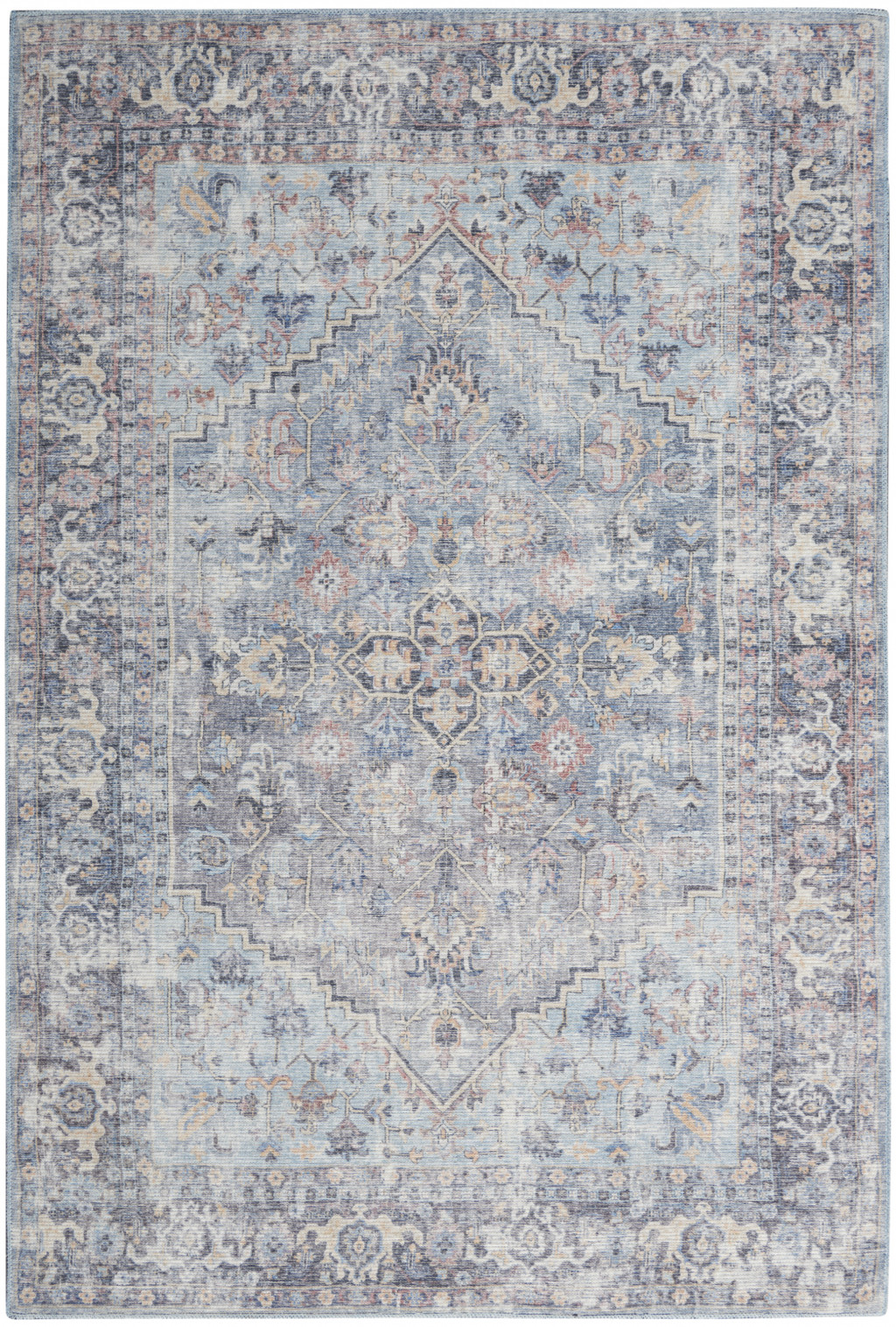 5 X 7 Light grey And Blue Oriental Power Loom Distressed Washable Area Rug