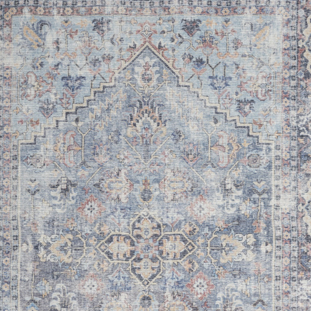 5 X 7 Light grey And Blue Oriental Power Loom Distressed Washable Area Rug
