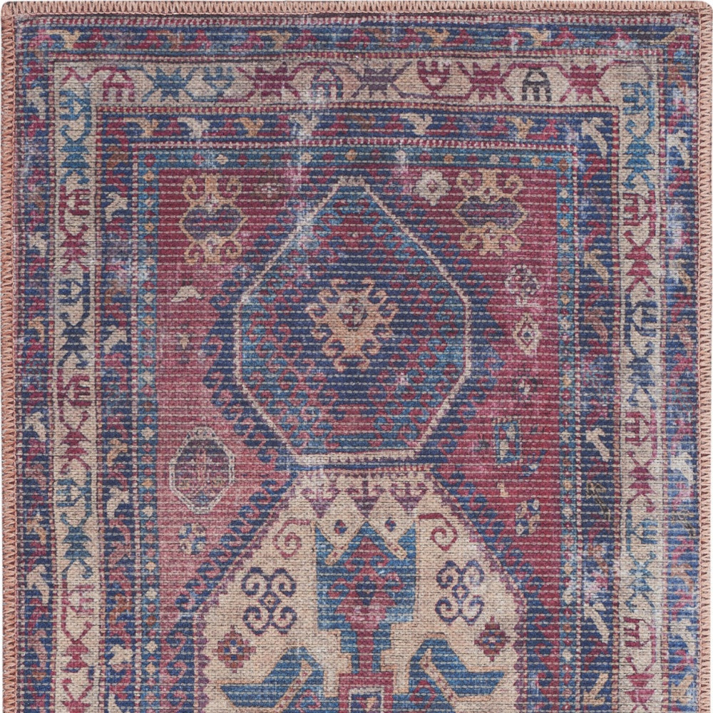2" X 4" Red And Navy Oriental Power Loom Distressed Washable Area Rug