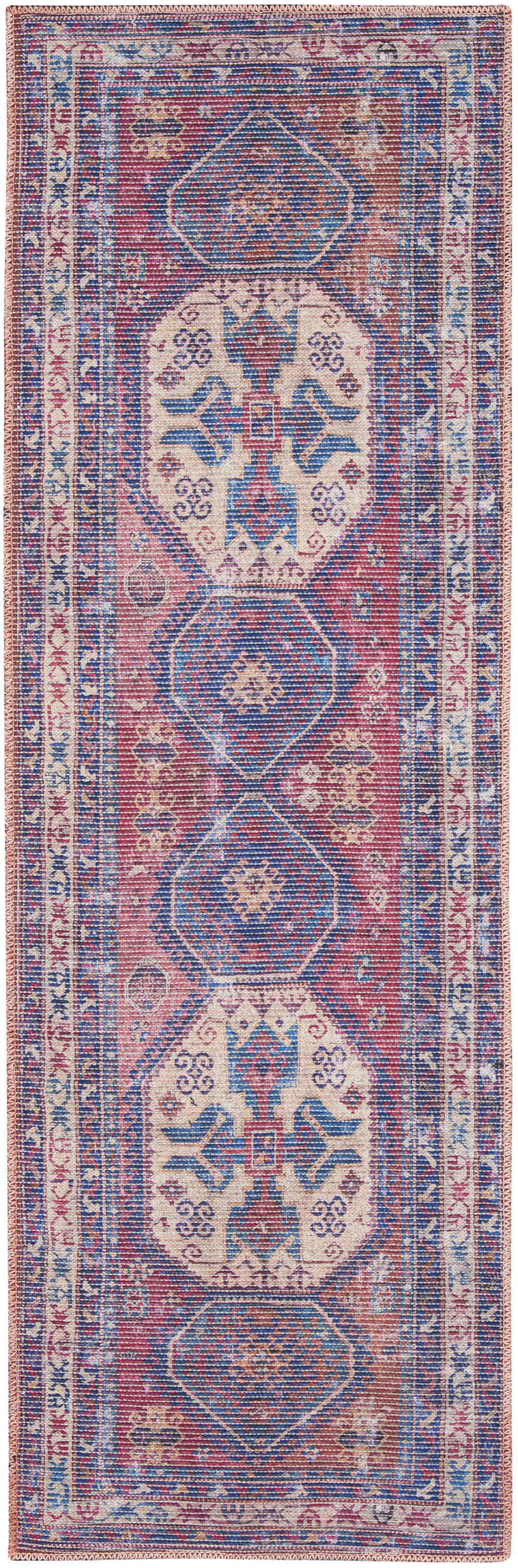 2" X 6" Red And Navy Oriental Power Loom Distressed Washable Runner Rug
