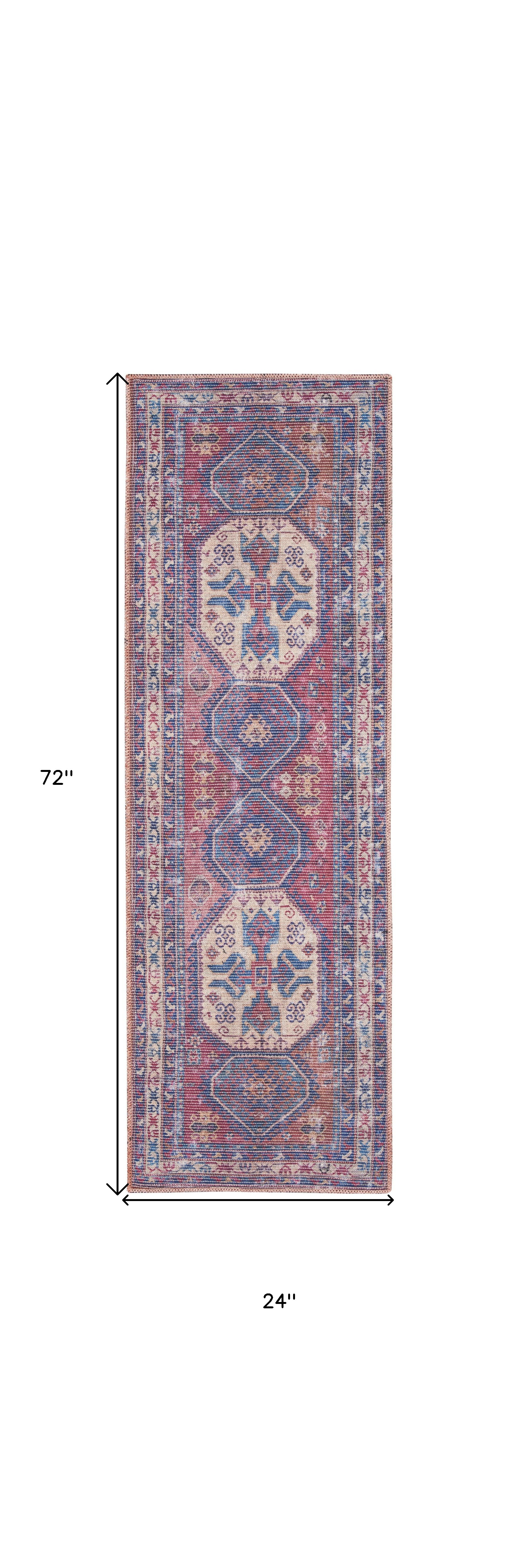 2" X 6" Red And Navy Oriental Power Loom Distressed Washable Runner Rug