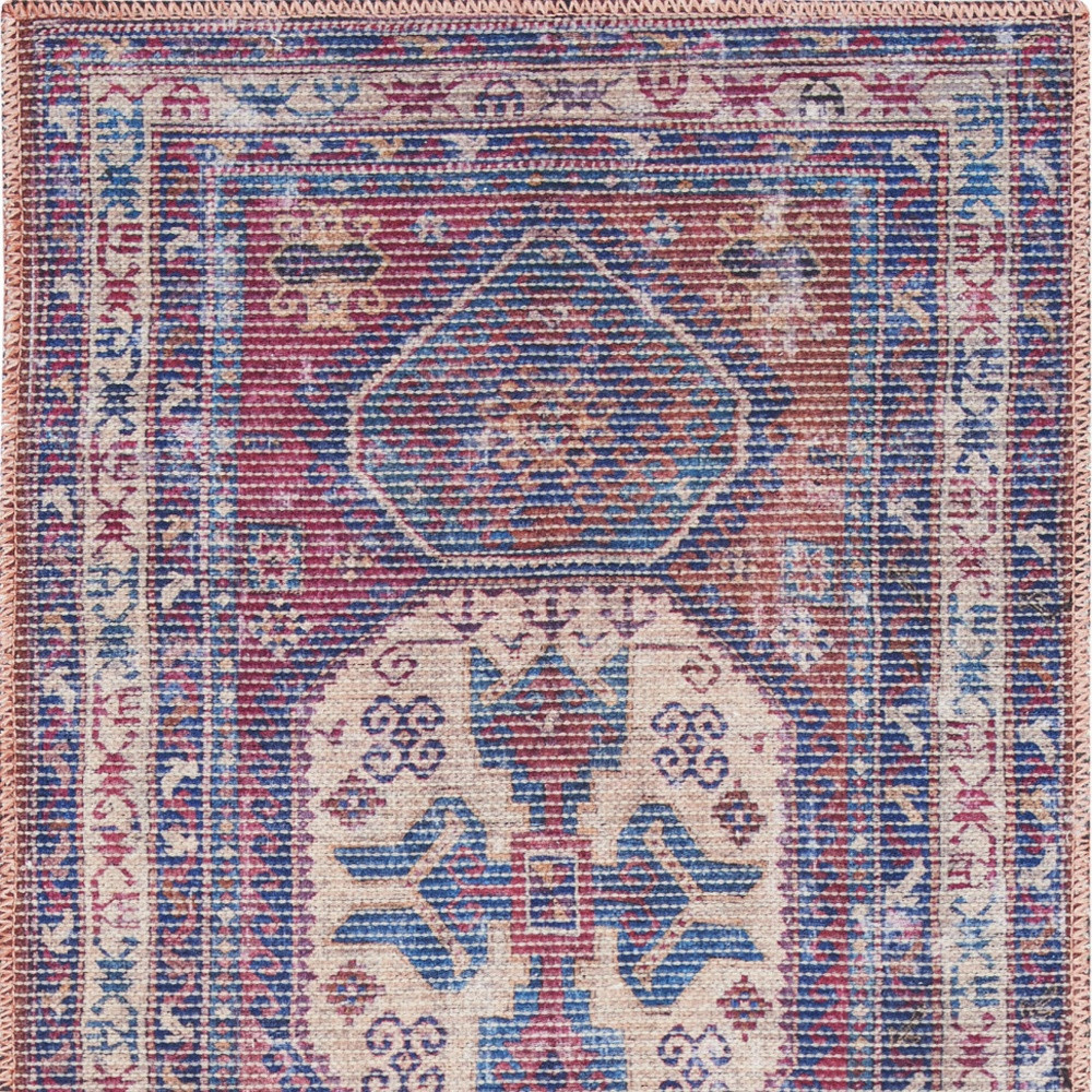 2" X 6" Red And Navy Oriental Power Loom Distressed Washable Runner Rug