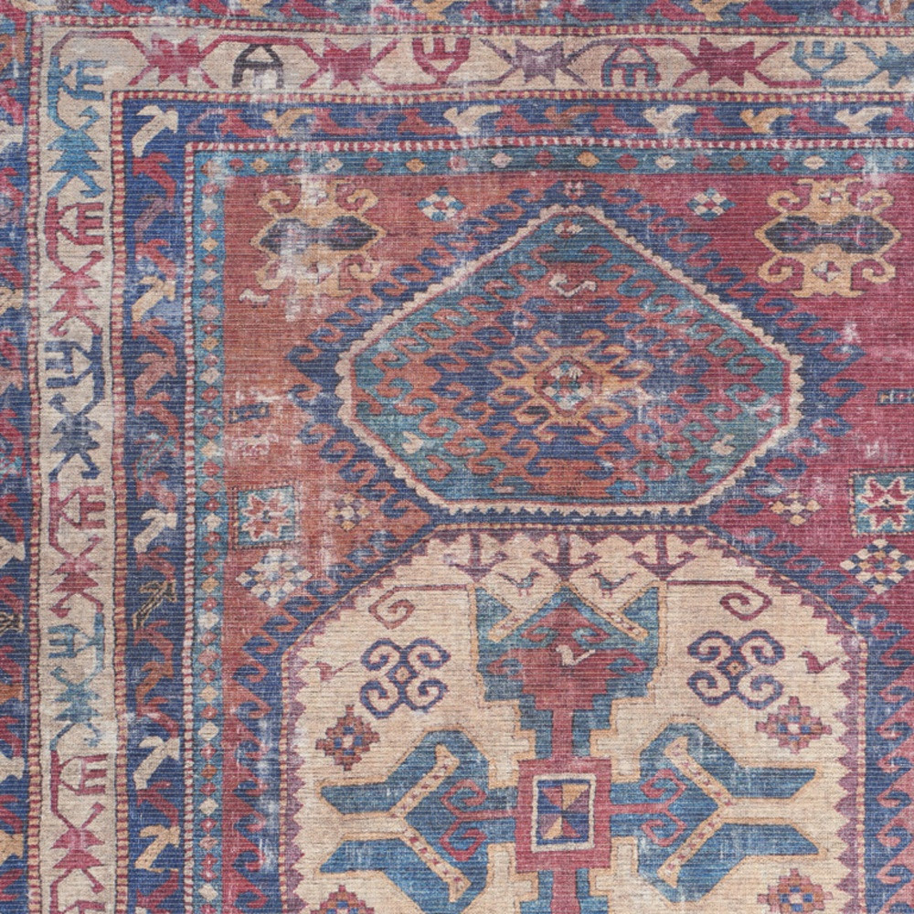 4 X 6 Red And Navy Oriental Power Loom Distressed Washable Area Rug