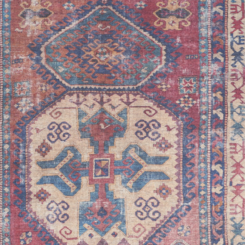 5" X 7" Red And Navy Southwestern Power Loom Distressed Washable Area Rug