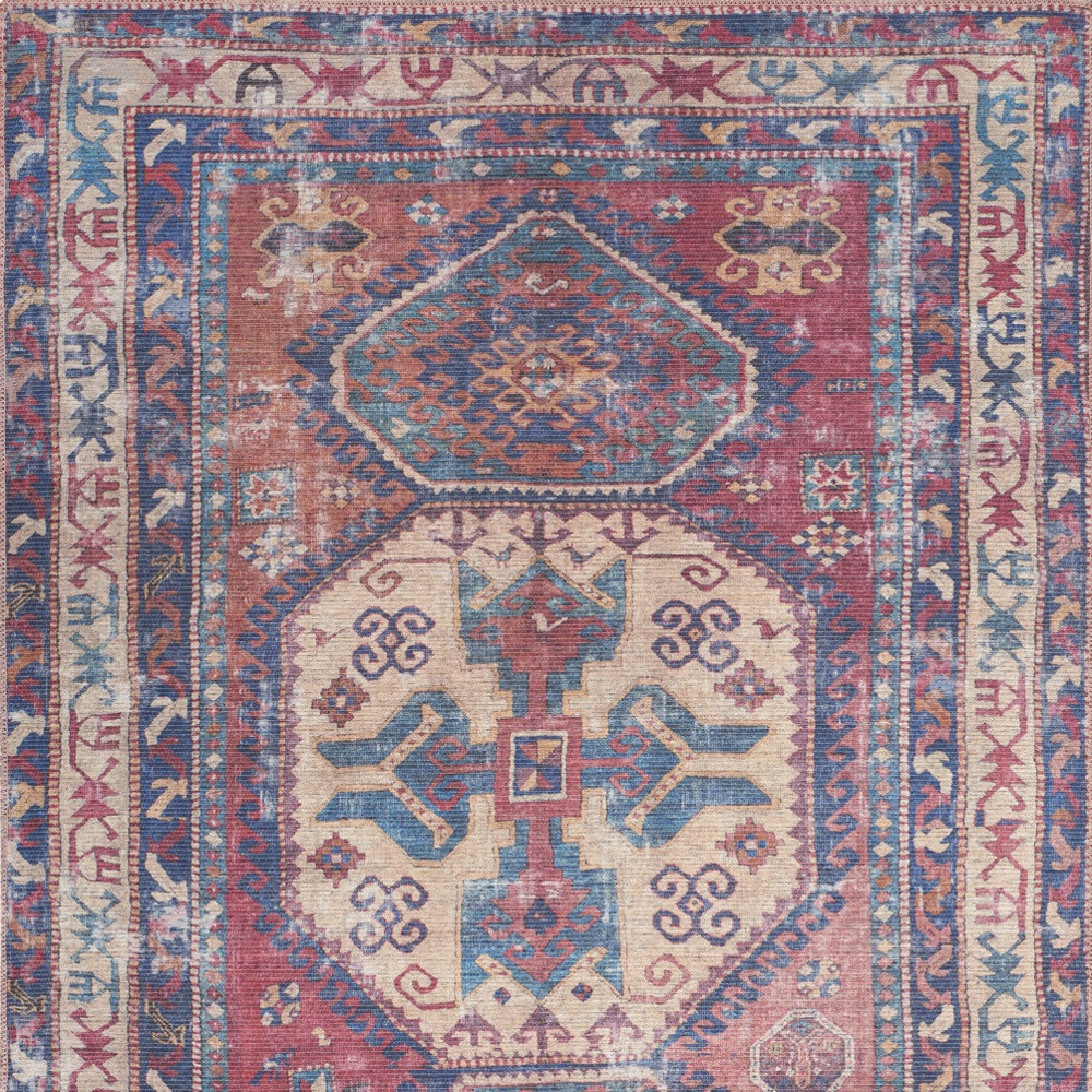 5" X 7" Red And Navy Southwestern Power Loom Distressed Washable Area Rug