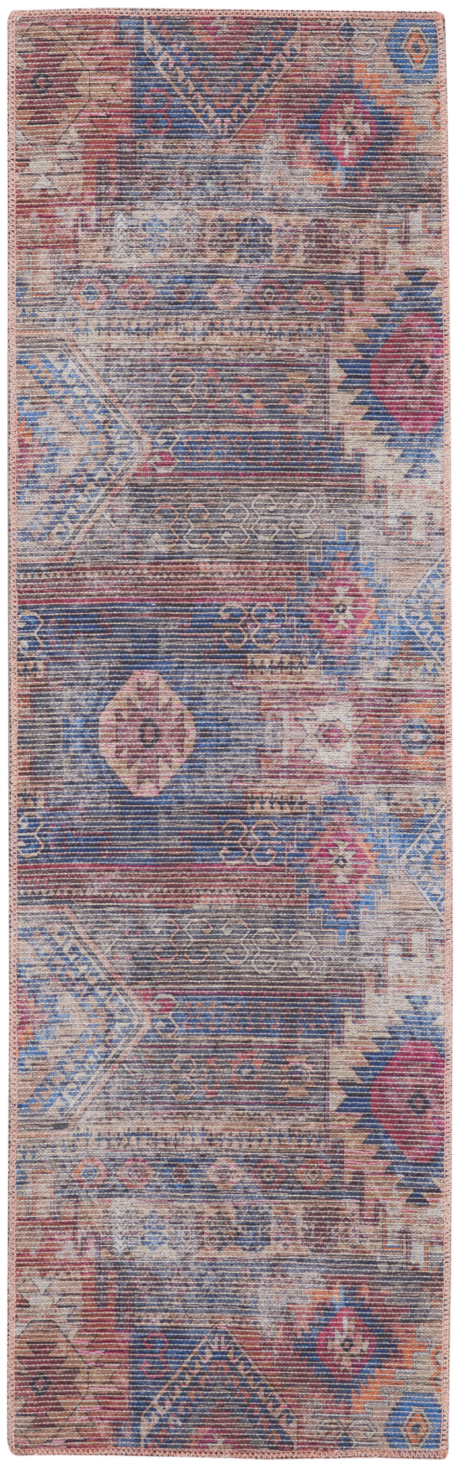 2" X 6" Red And Blue Southwestern Power Loom Distressed Washable Runner Rug