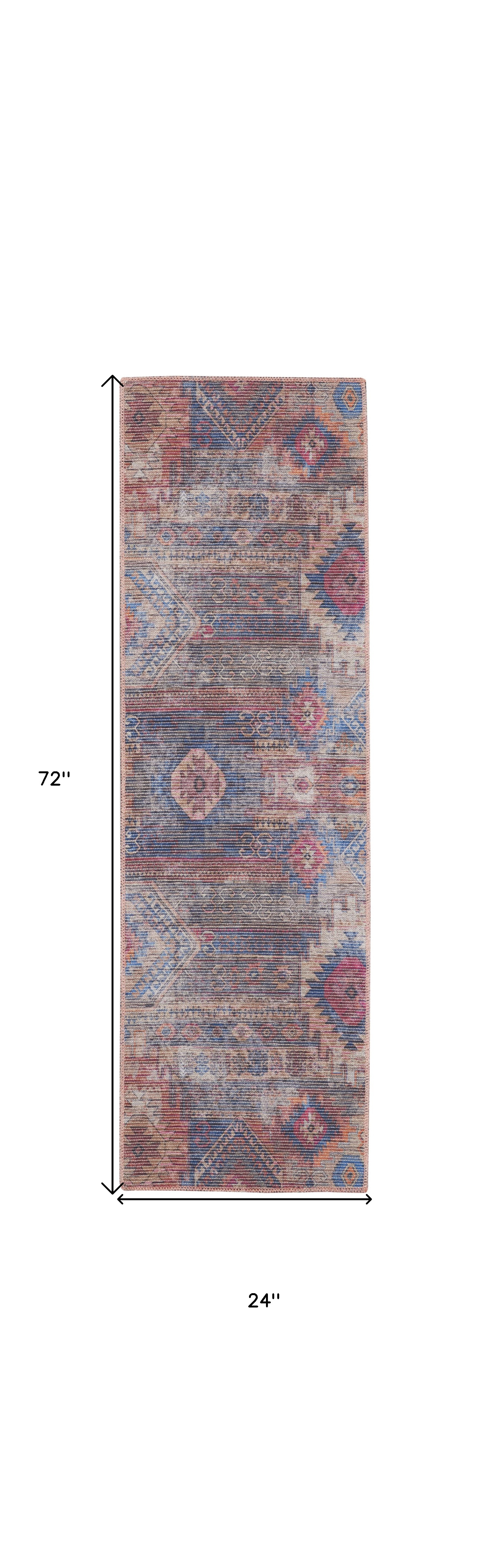 2" X 6" Red And Blue Southwestern Power Loom Distressed Washable Runner Rug