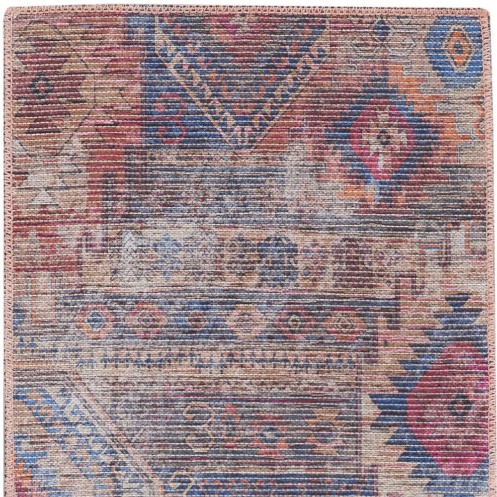 2" X 6" Red And Blue Southwestern Power Loom Distressed Washable Runner Rug