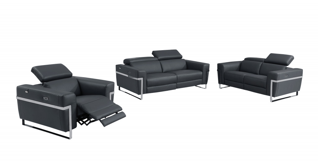 Three Piece Indoor Dark Gray Italian Leather Six Person Seating Set-480878-1