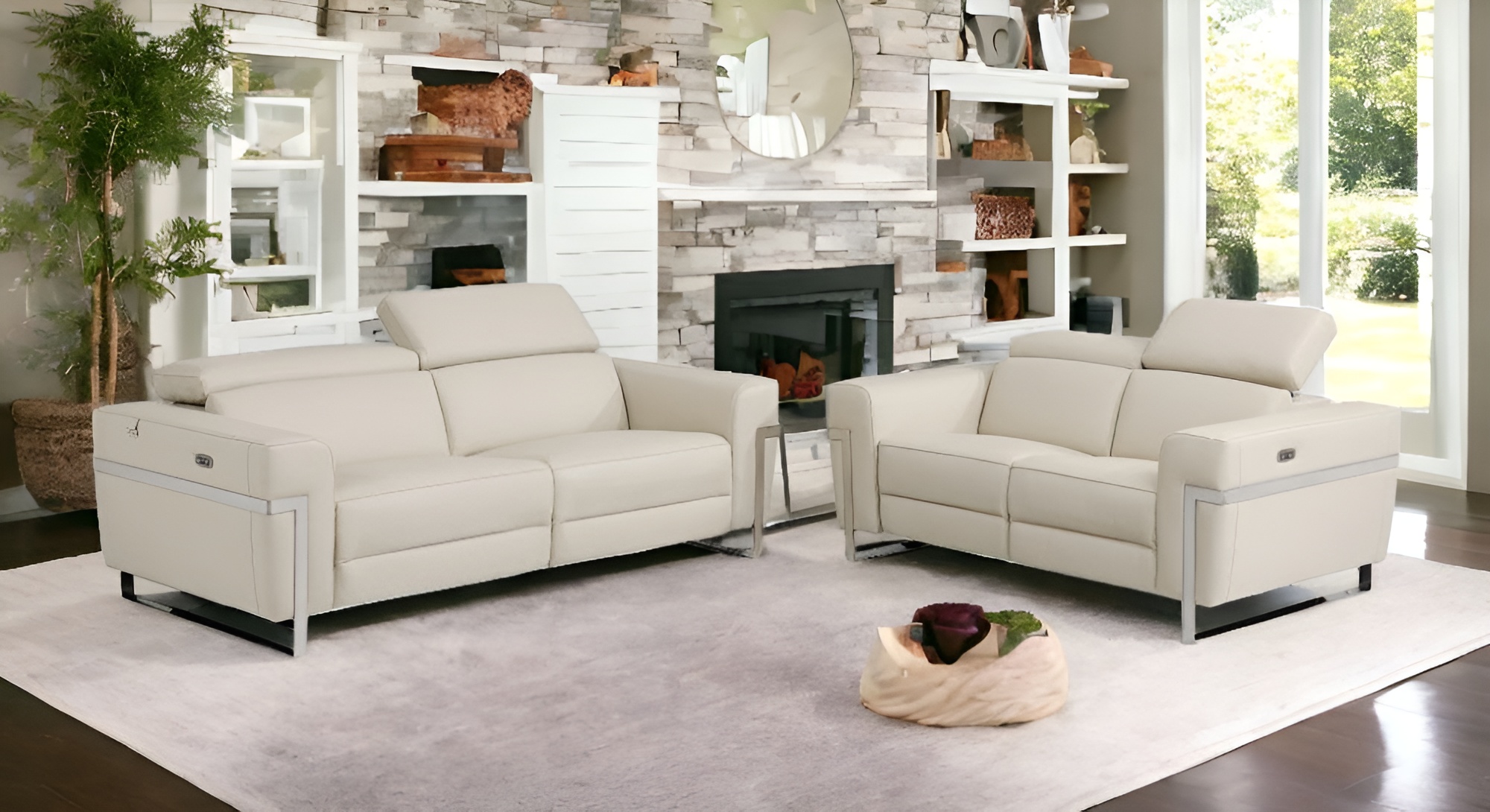 Two Piece Indoor Beige Italian Leather Five Person Seating Set-480881-1