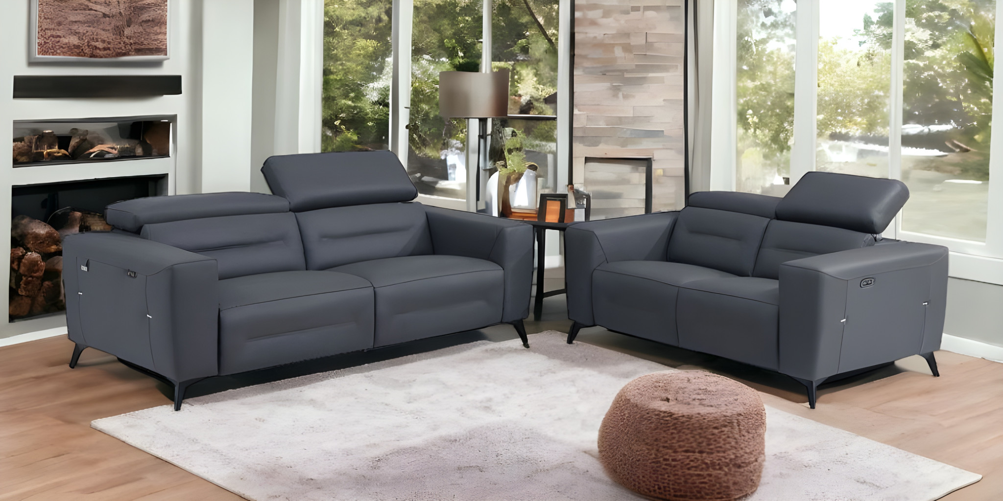 Two Piece Indoor Dark Gray Italian Leather Five Person Seating Set-480883-1