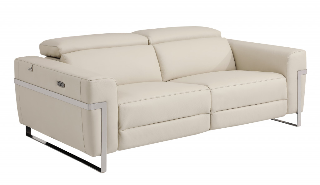 83" Beige And Silver Italian Leather Reclining USB Sofa-482205-1