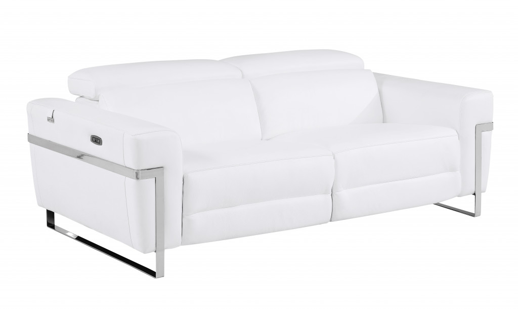 83" White Italian Leather USB Sofa With Silver Legs-482207-1