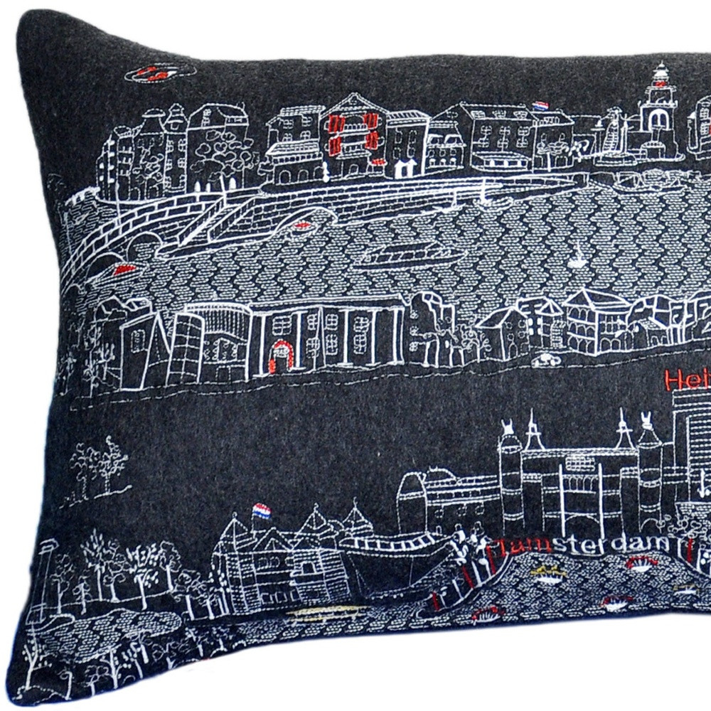 14" X 35" Black Gray and White Hometown Pride Wool Lumbar Throw Pillow