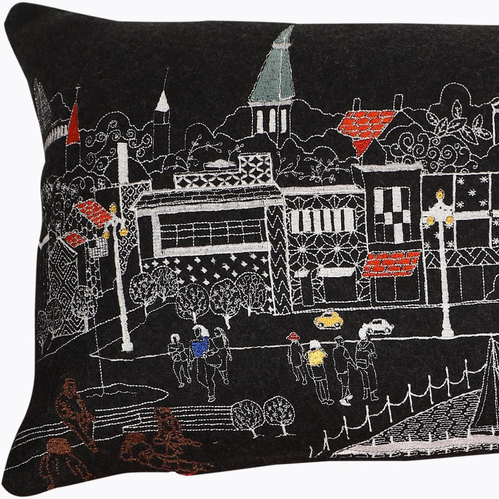 14" X 35" Black Gray and White Hometown Pride Wool Lumbar Throw Pillow