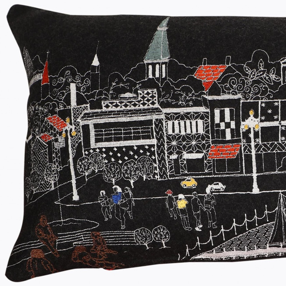 14" X 35" Black Gray and White Hometown Pride Wool Lumbar Throw Pillow