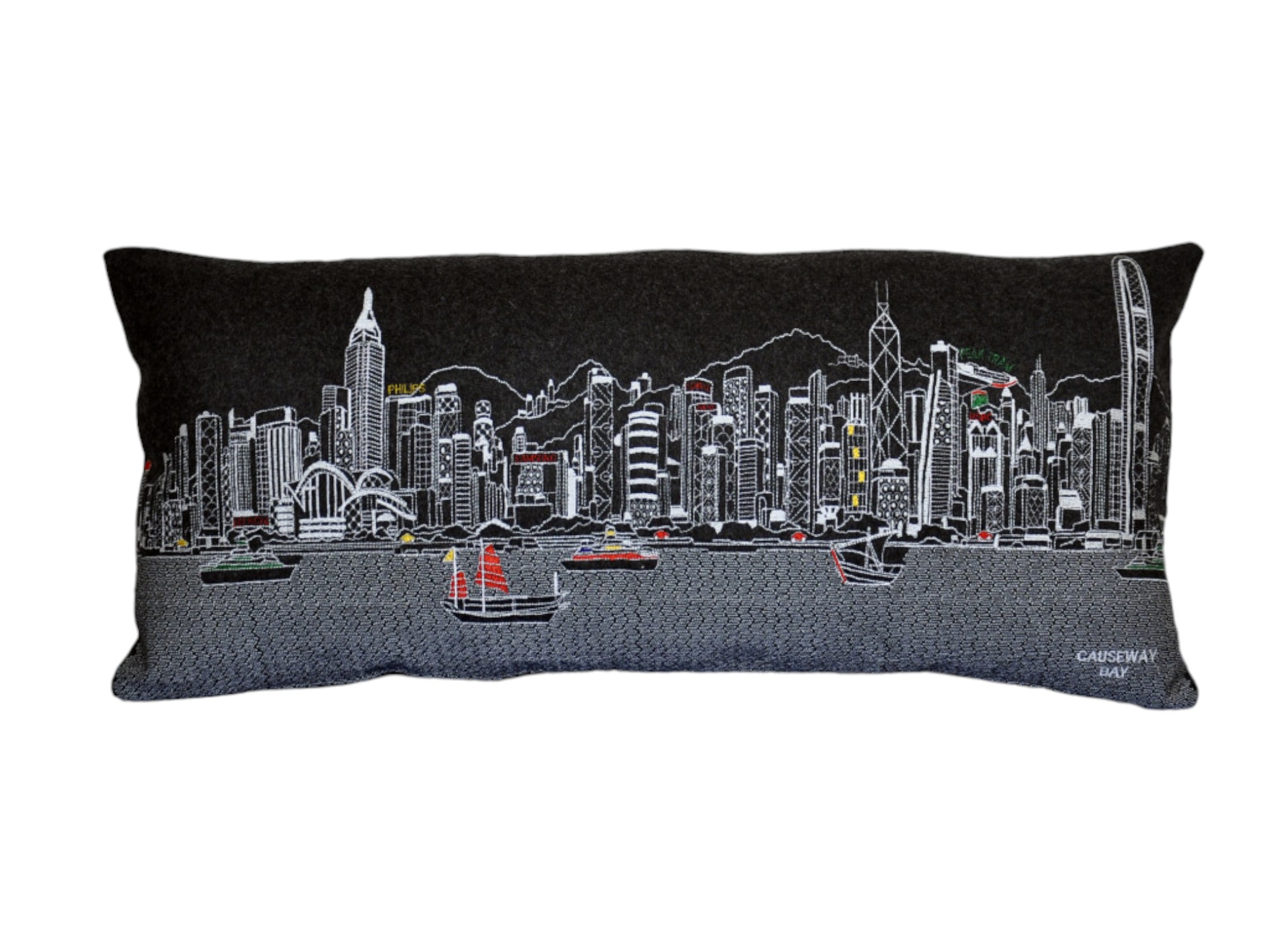 14" X 35" Black Gray and White Hometown Pride Wool Lumbar Throw Pillow