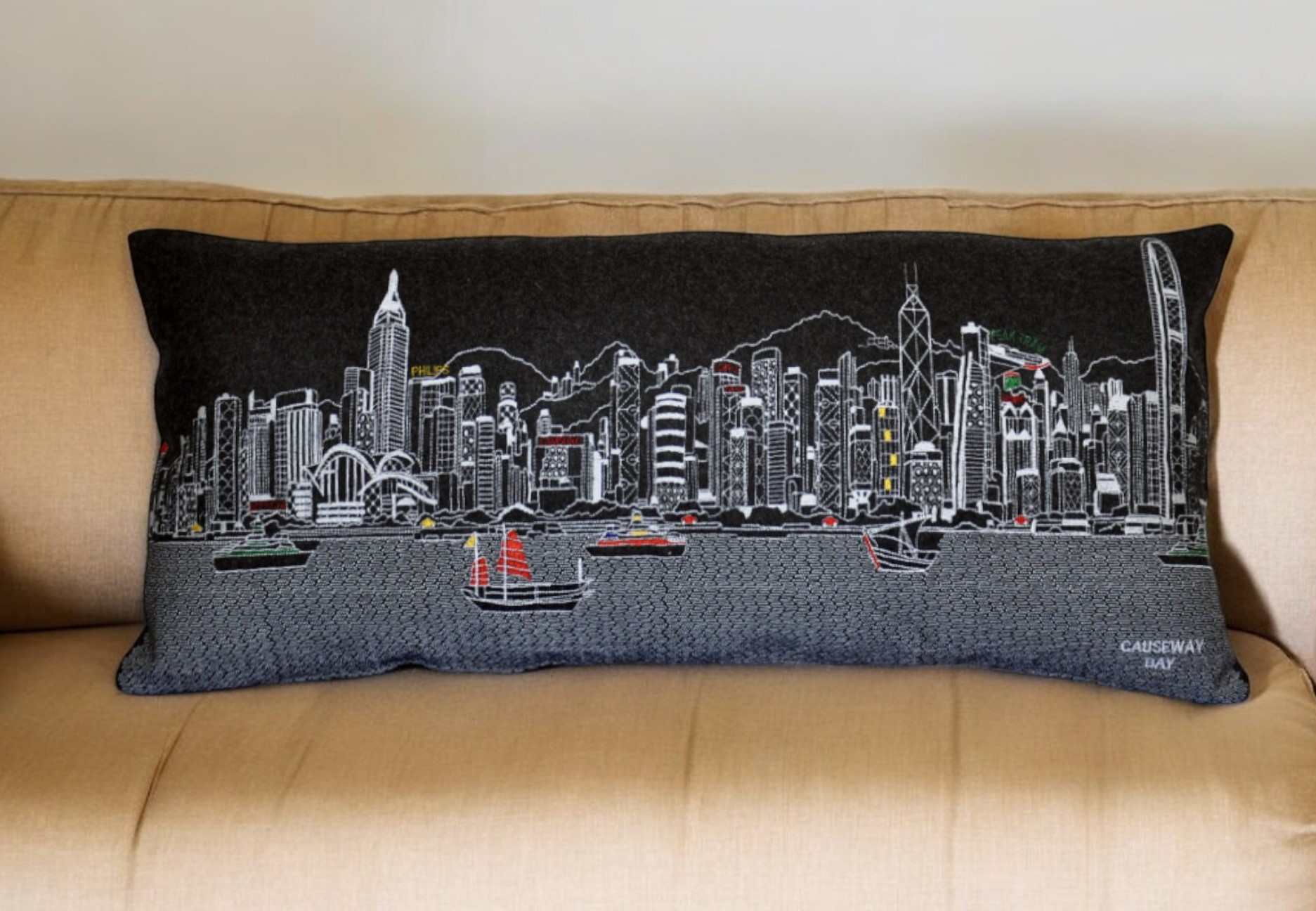 14" X 35" Black Gray and White Hometown Pride Wool Lumbar Throw Pillow