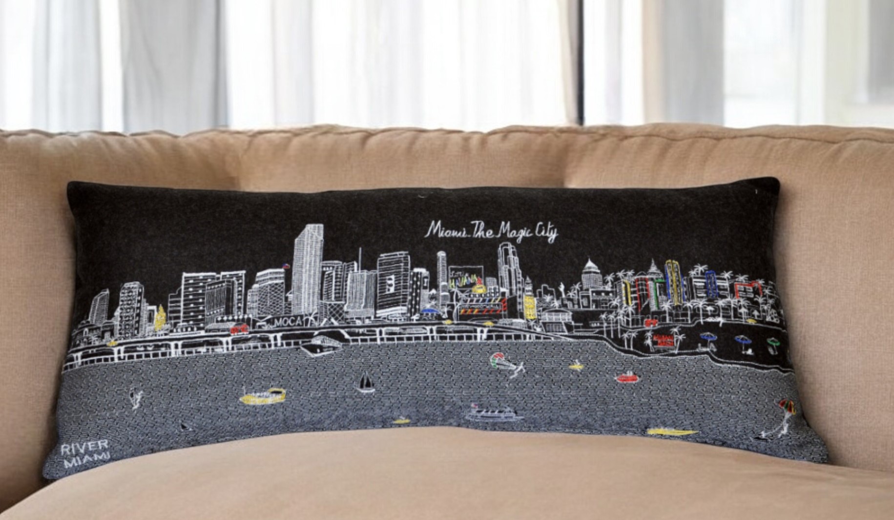 14" X 35" Black Gray and White Hometown Pride Wool Lumbar Throw Pillow
