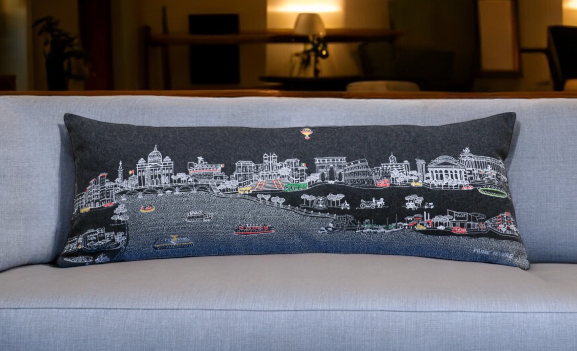 14" X 35" Black Gray and White Hometown Pride Wool Lumbar Throw Pillow