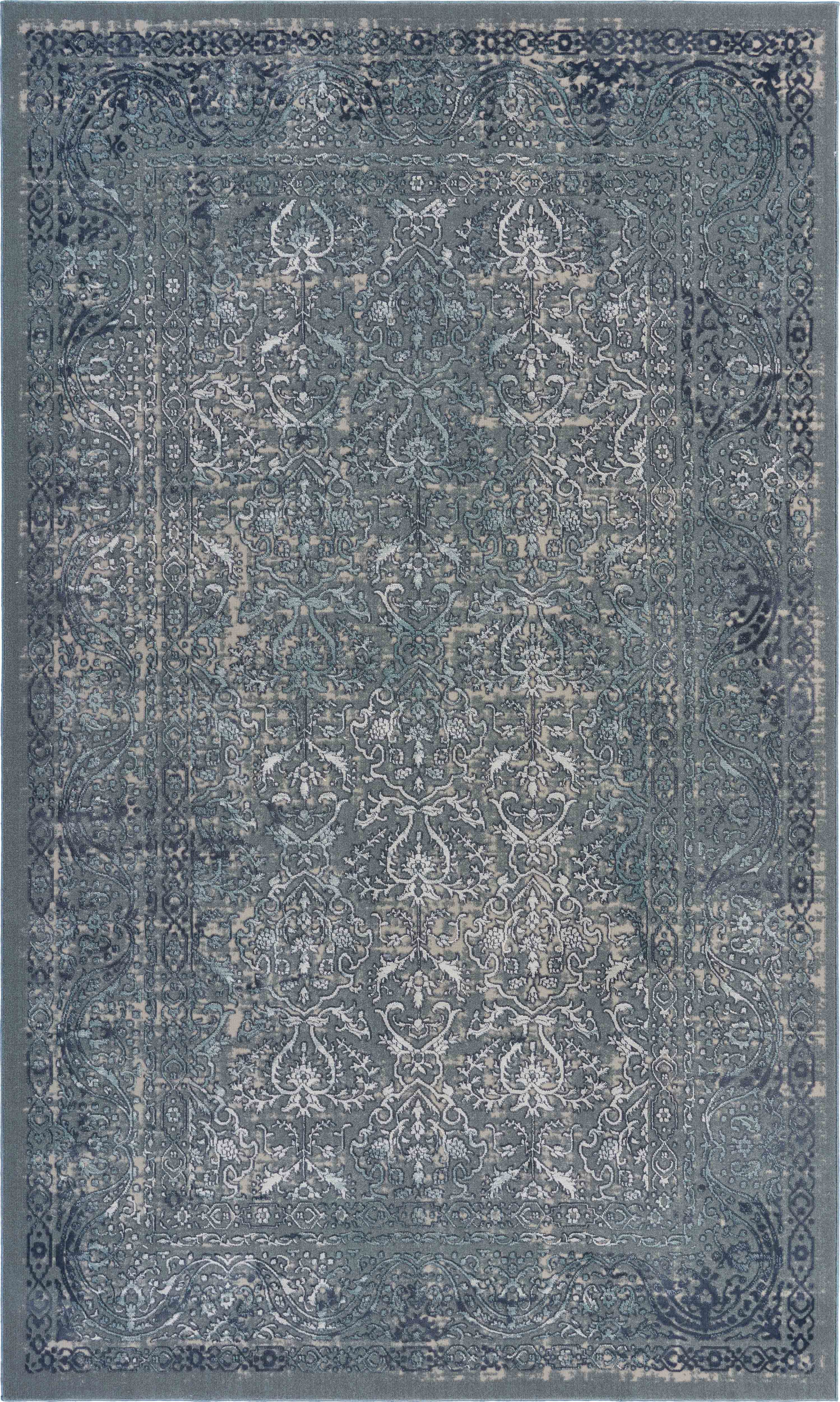 8 X 11 Blue Silver gray And cream Damask Distressed Stain Resistant Area Rug