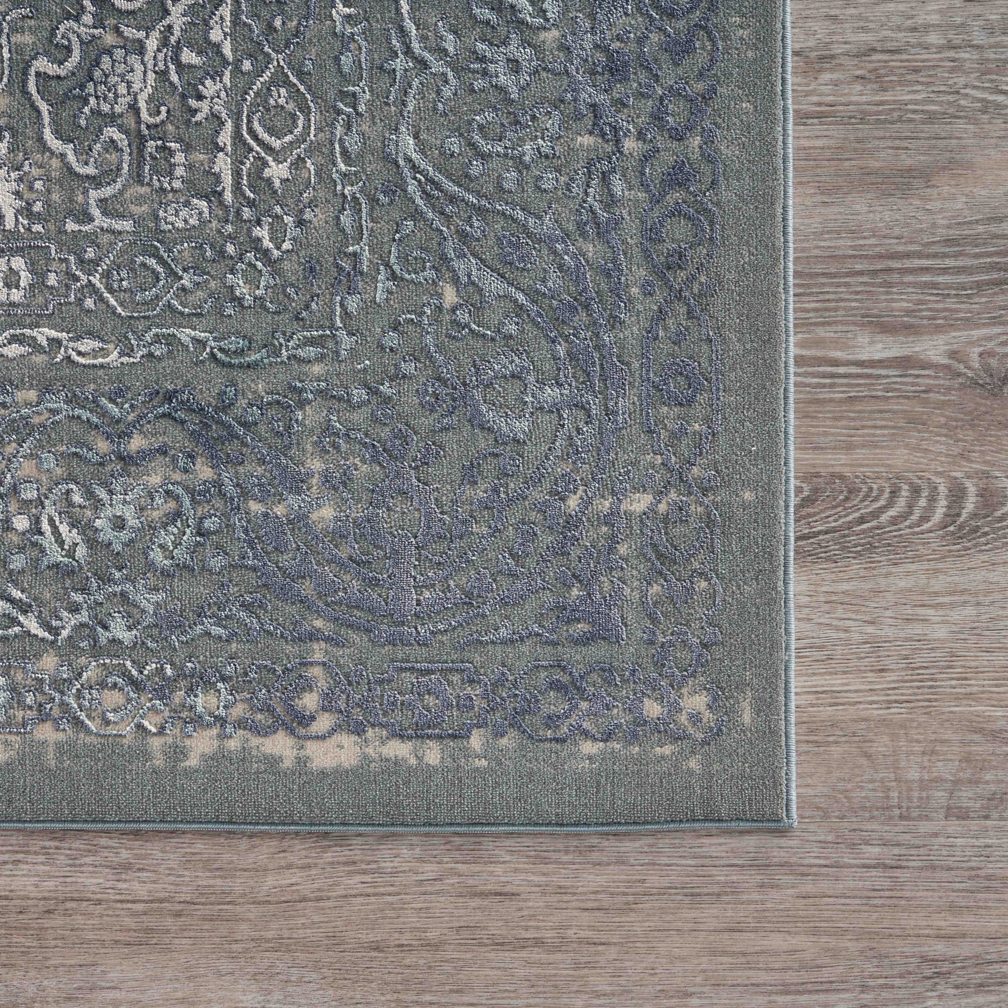 8 X 11 Blue Silver gray And cream Damask Distressed Stain Resistant Area Rug