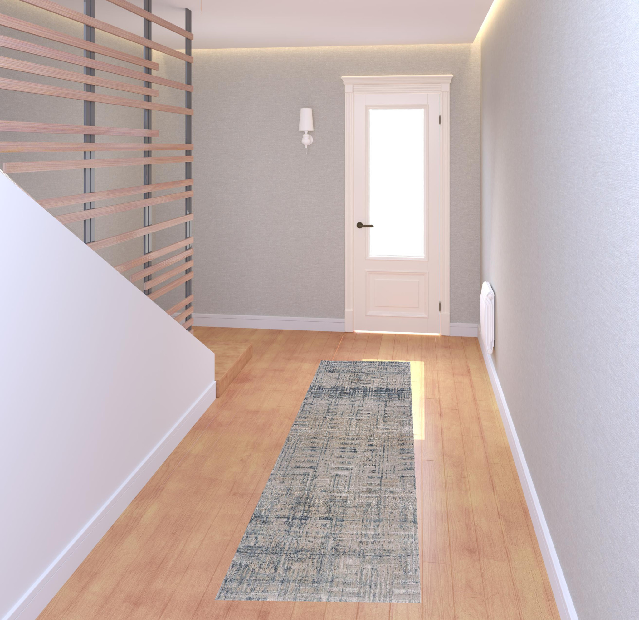 8 cream Blue And Ivory geometric Distressed Runner Rug