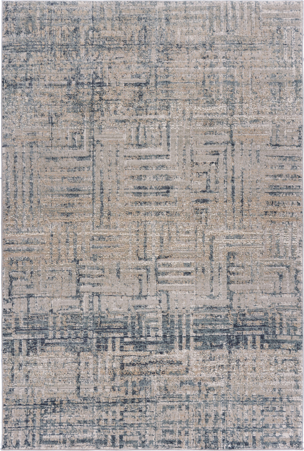 8 X 11 cream Blue And Ivory geometric Distressed Stain Resistant Area Rug