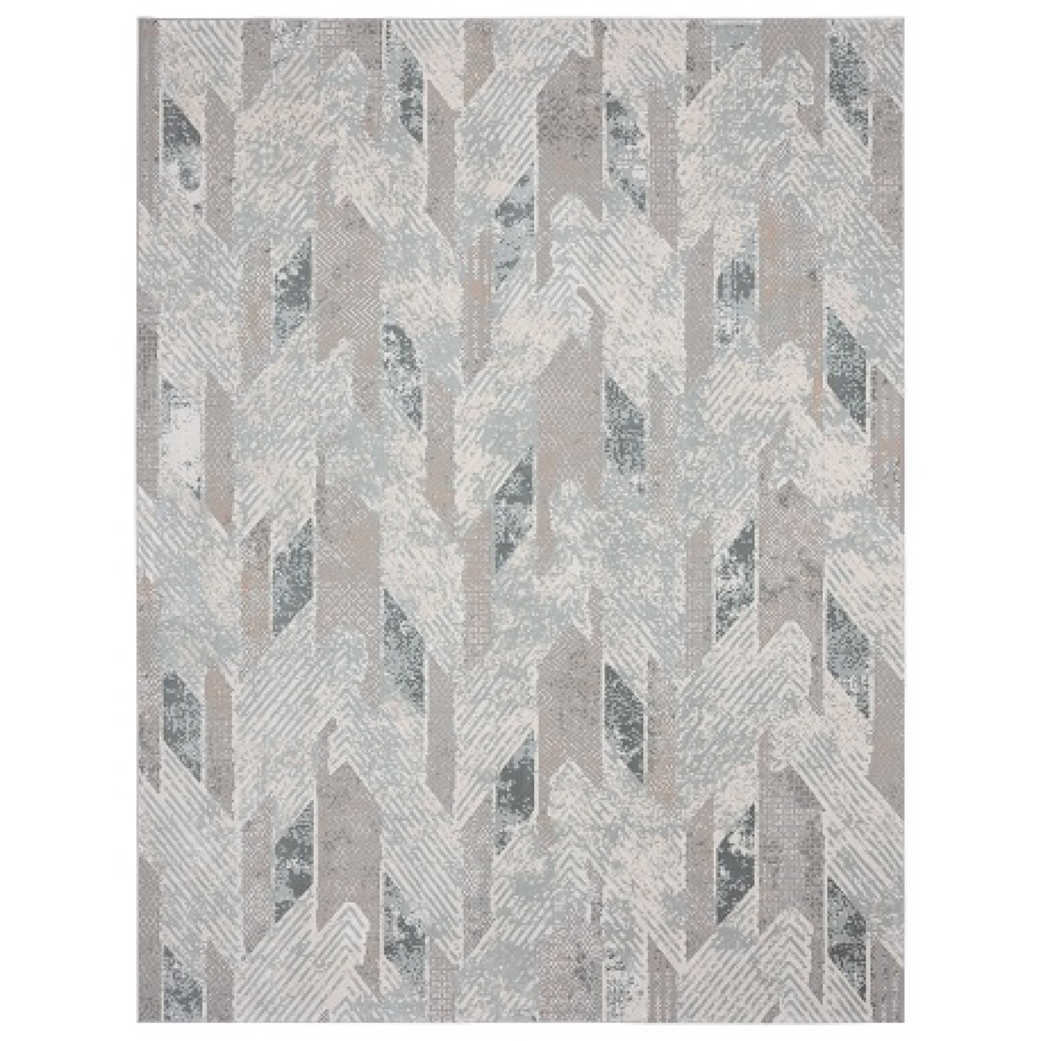 9 X 12 gray Blue And cream geometric Distressed Stain Resistant Area Rug