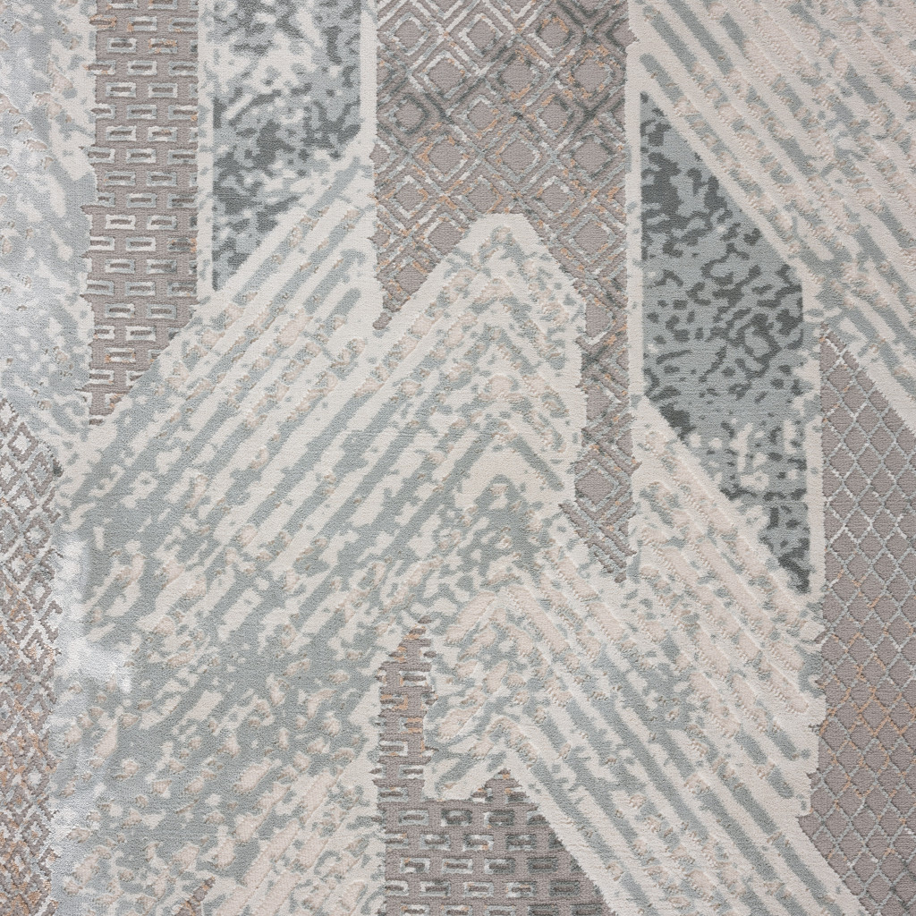 9 X 12 gray Blue And cream geometric Distressed Stain Resistant Area Rug