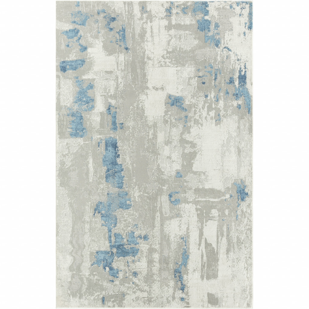 4" X 6" Ivory Gray And Blue Abstract Stain Resistant Area Rug