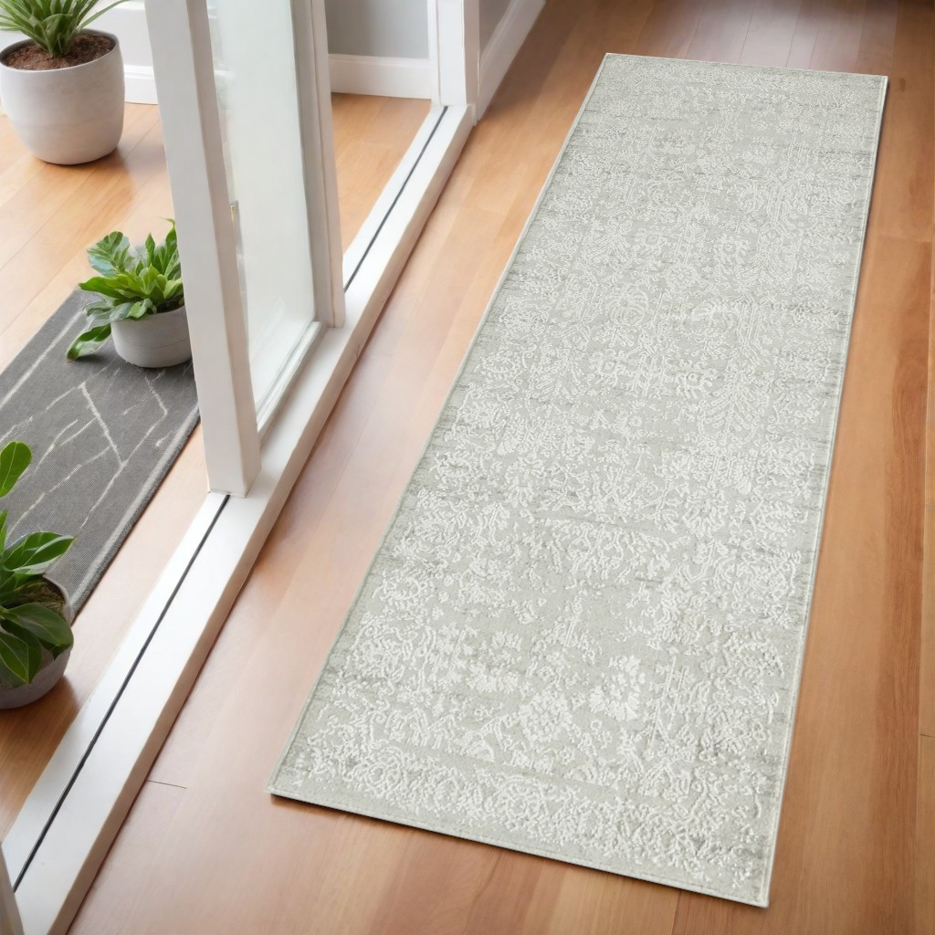 2' X 6' Ivory And Gray Floral Stain Resistant Area Rug-483037-1