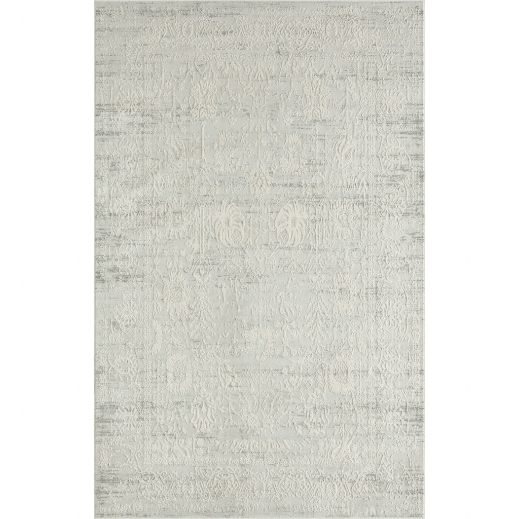 9' X 12' Ivory And Gray Floral Power Loom Distressed Stain Resistant Area Rug-483041-1