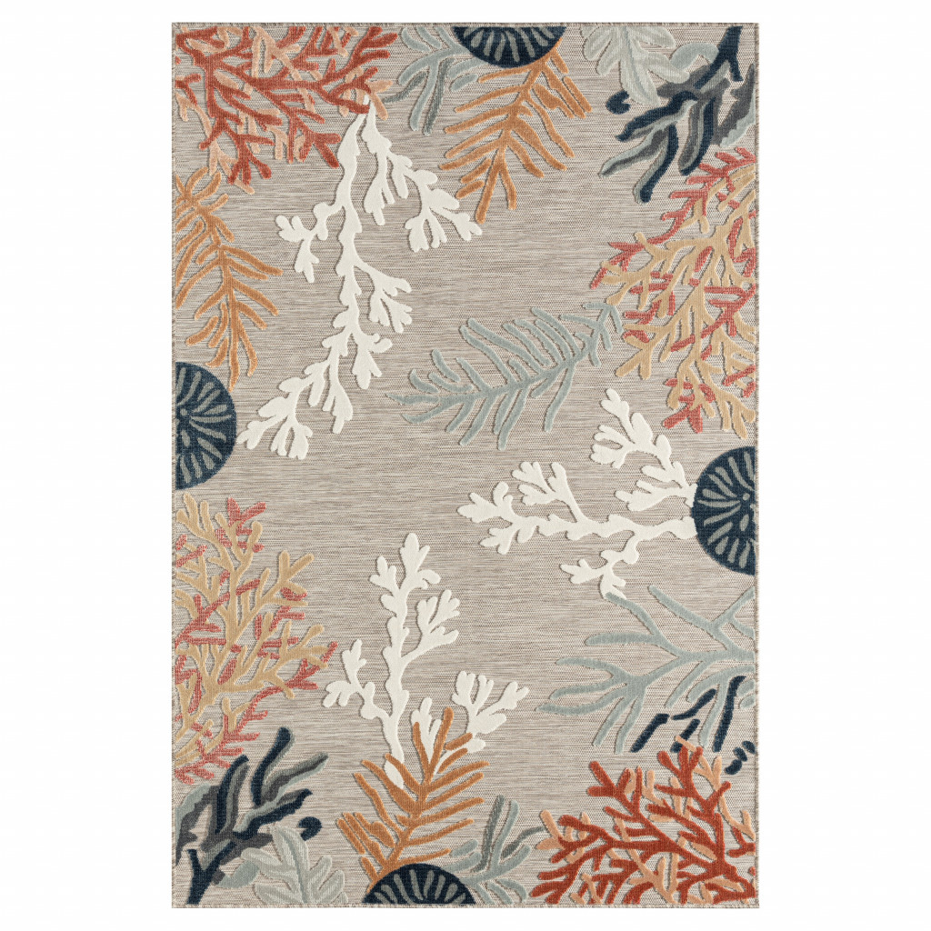 5" X 7" Grey Beige Orange Blue And White Coastal Coral Indoor Outdoor Area Rug