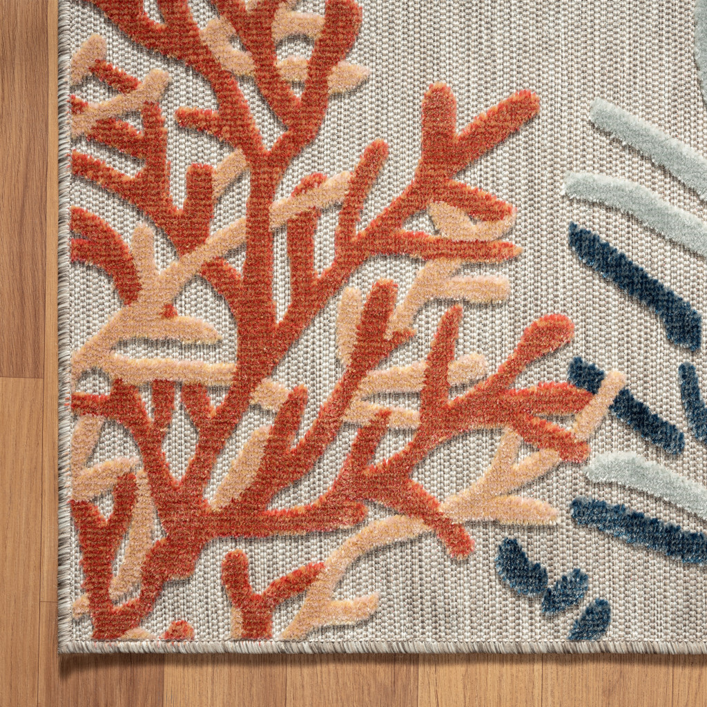 5" X 7" Grey Beige Orange Blue And White Coastal Coral Indoor Outdoor Area Rug