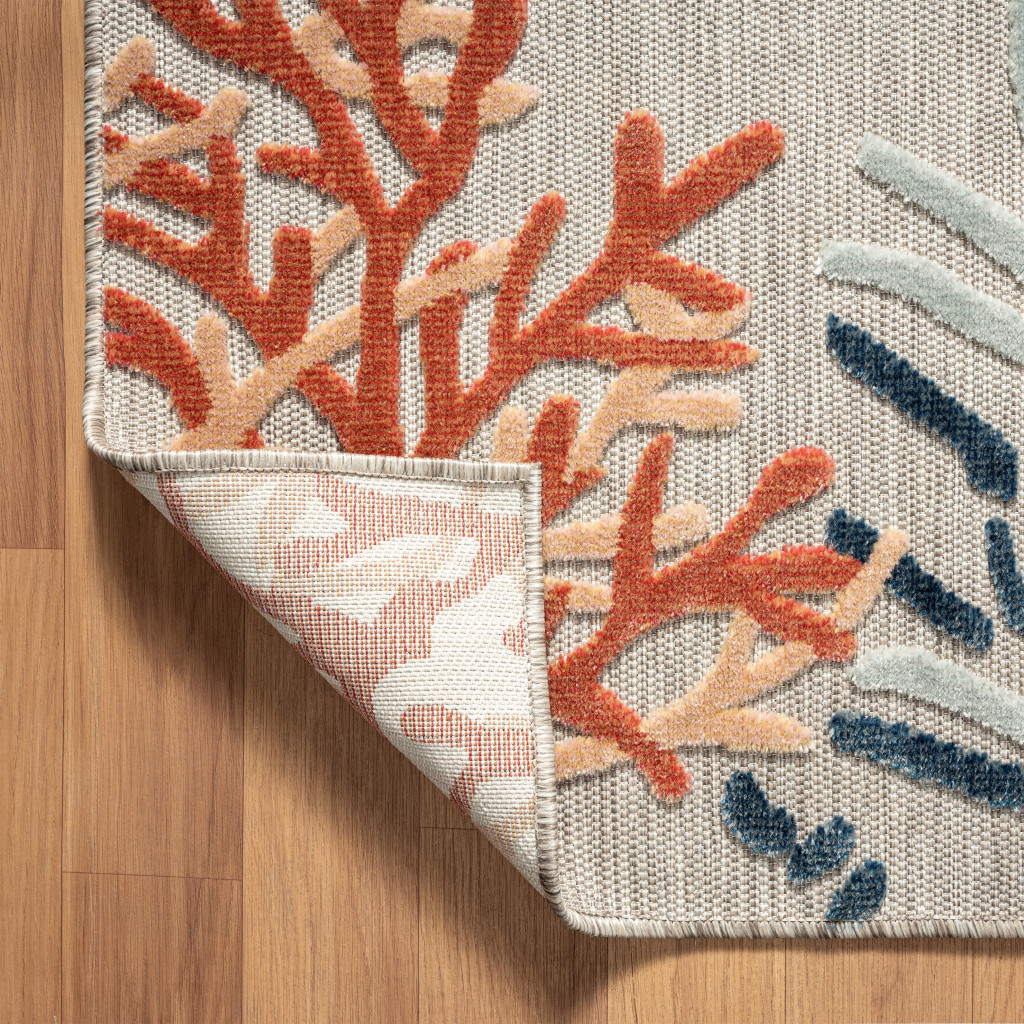 5" X 7" Grey Beige Orange Blue And White Coastal Coral Indoor Outdoor Area Rug