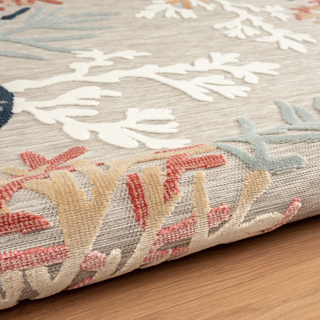5" X 7" Grey Beige Orange Blue And White Coastal Coral Indoor Outdoor Area Rug