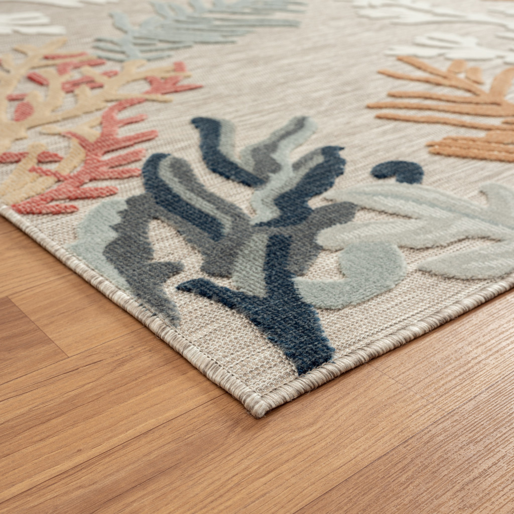 5" X 7" Grey Beige Orange Blue And White Coastal Coral Indoor Outdoor Area Rug