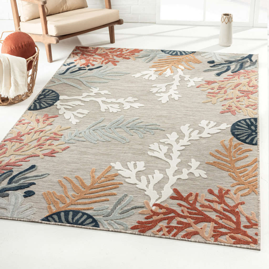 5" X 7" Grey Beige Orange Blue And White Coastal Coral Indoor Outdoor Area Rug