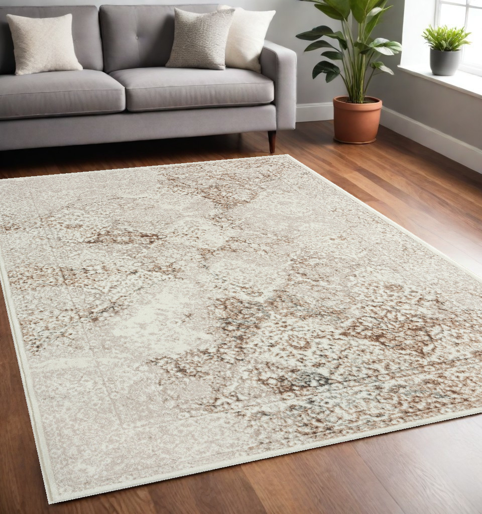 5" X 7" Beige Cream And Brown Damask Stain Resistant Area Rug