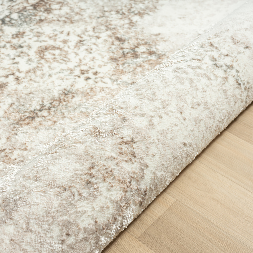 5" X 7" Beige Cream And Brown Damask Stain Resistant Area Rug
