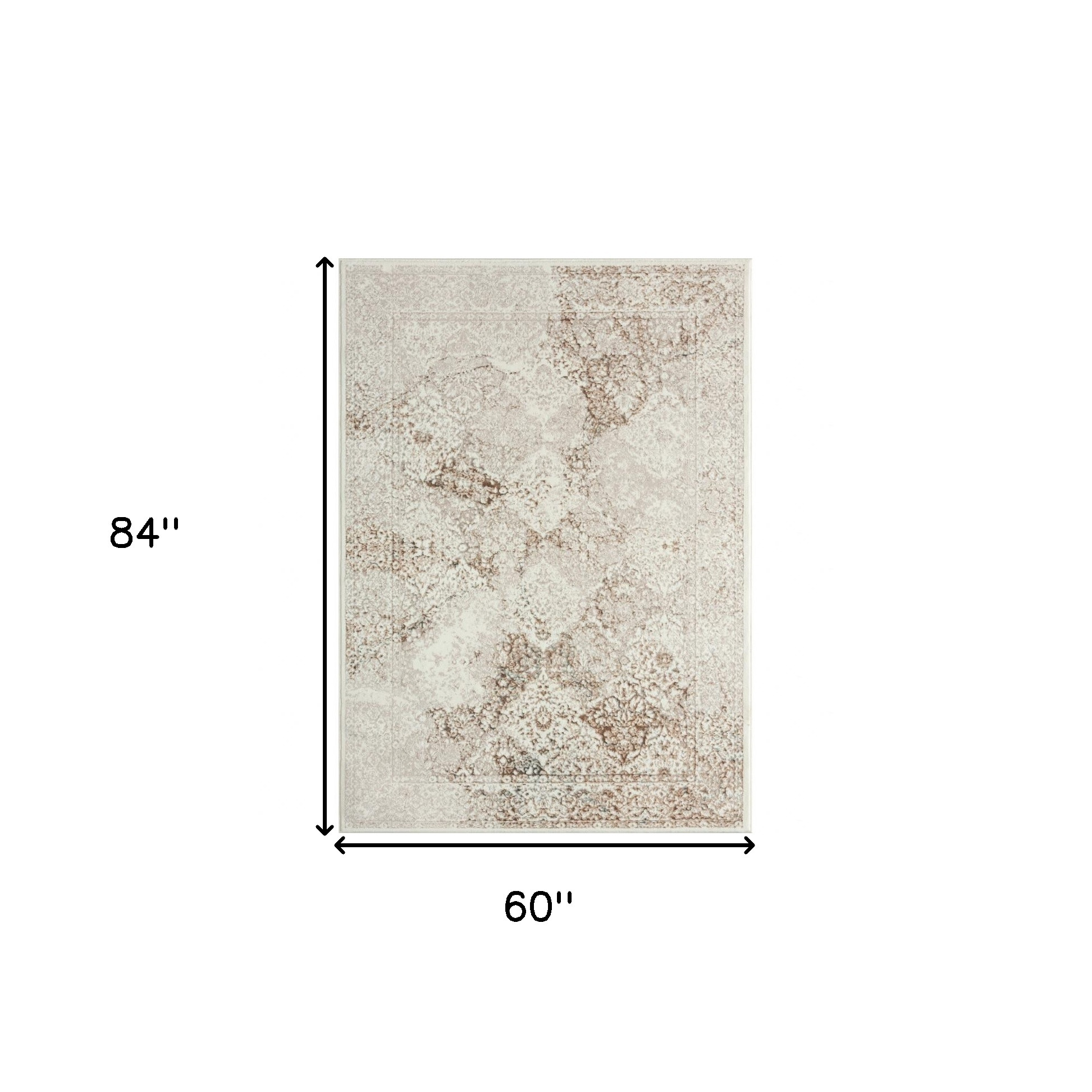 5" X 7" Beige Cream And Brown Damask Stain Resistant Area Rug