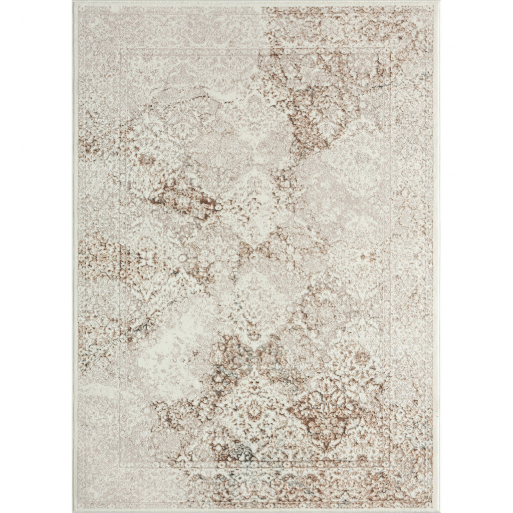 7" X 9" Beige Cream And Brown Damask Stain Resistant Area Rug