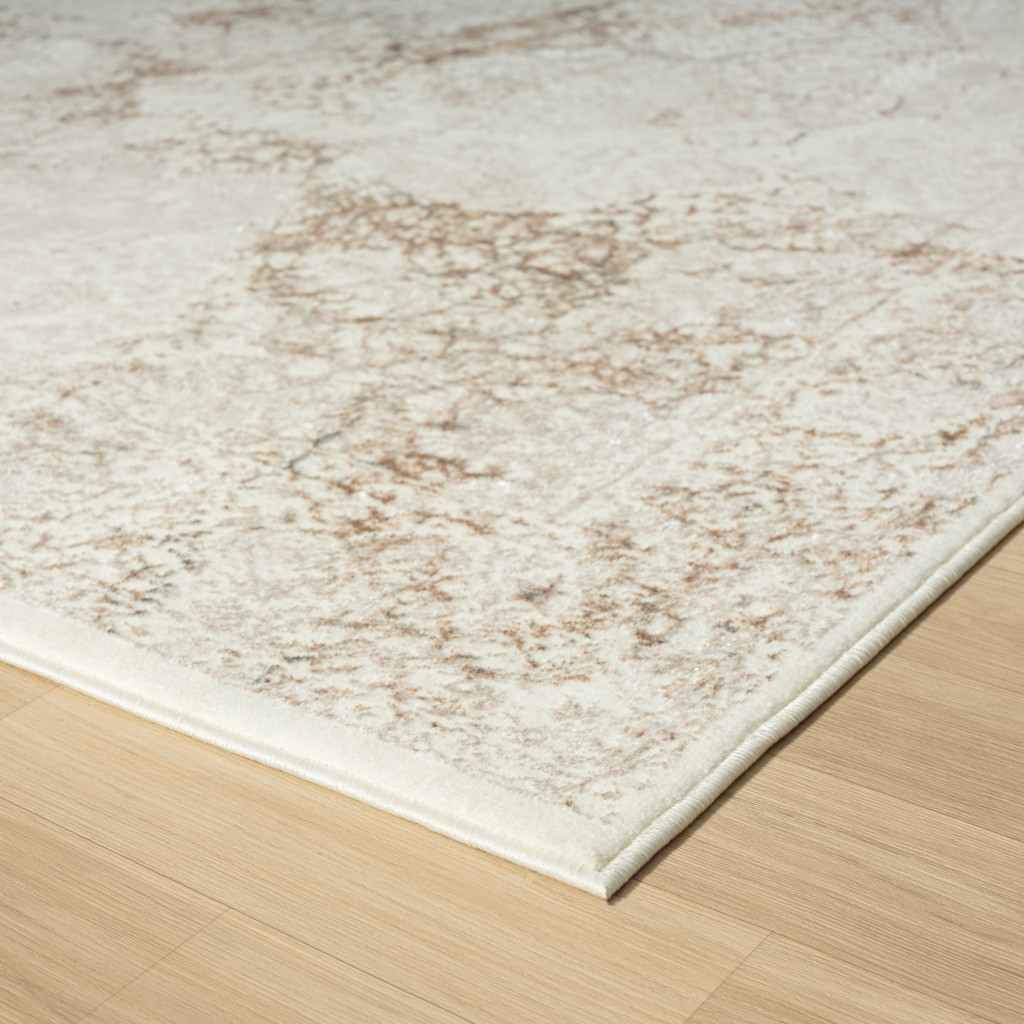 7" X 9" Beige Cream And Brown Damask Stain Resistant Area Rug